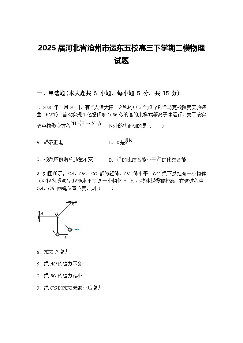 2025届河北省沧州市运东五校高三下学期二模物理试题（含答案解析）第1页
