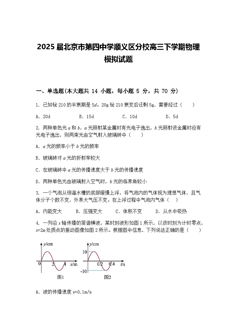2025届北京市第四中学顺义区分校高三下学期物理模拟试题（含答案解析）第1页