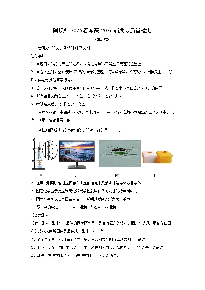 四川省阿坝藏族羌族自治州2024-2025学年高二下学期7月期末物理试题（解析版）第1页