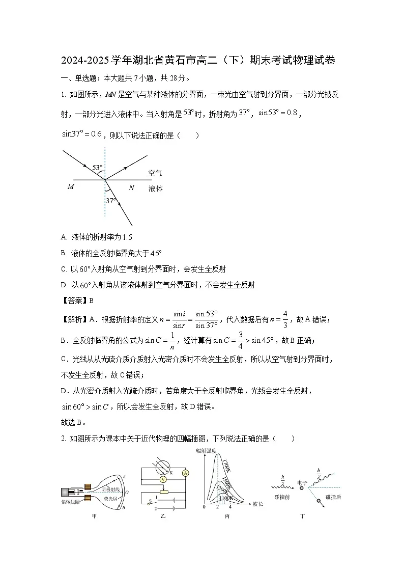 湖北省黄石市2024-2025学年高二下学期期末考试物理试题（解析版）第1页