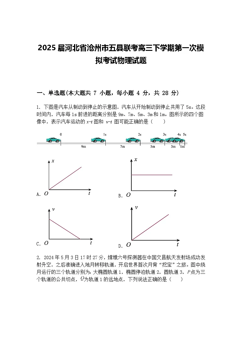 2025届河北省沧州市五县联考高三下学期第一次模拟考试物理试题（含答案解析）第1页