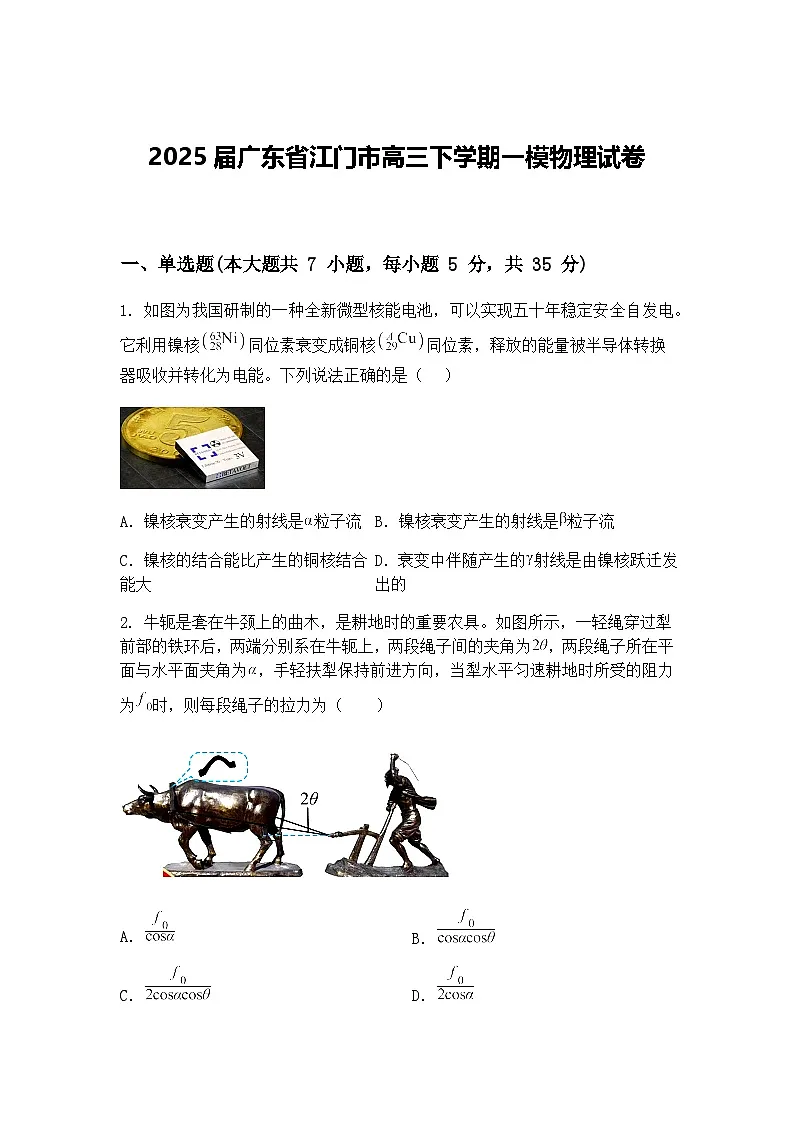 2025届广东省江门市高三下学期一模物理试卷（含答案解析）第1页