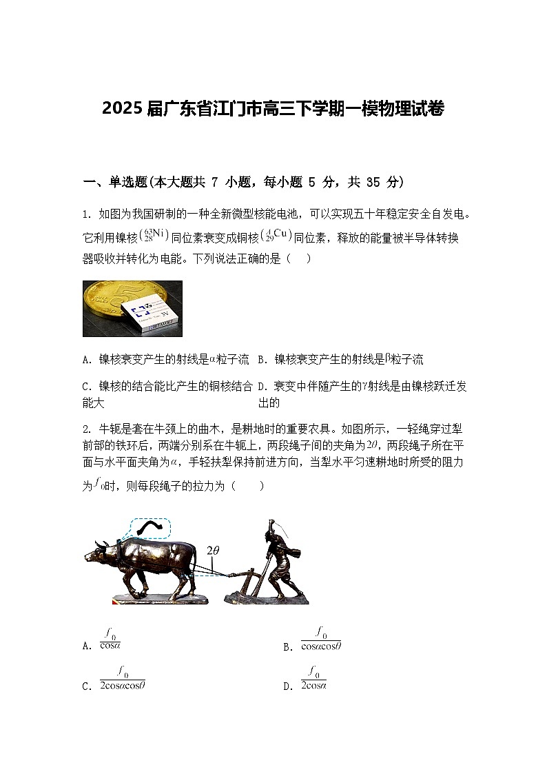 2025届广东省江门市高三下学期一模物理试卷（含答案解析）第1页