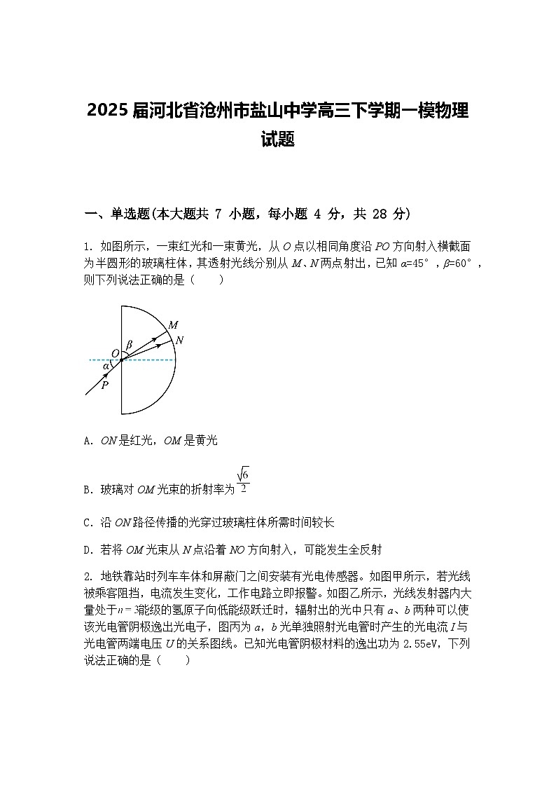 2025届河北省沧州市盐山中学高三下学期一模物理试题（含答案解析）第1页