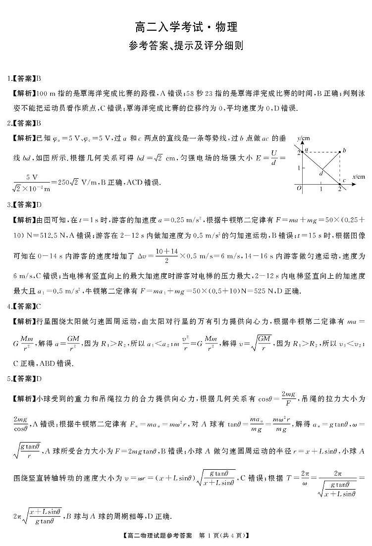 湖湘名校联盟2025-2026学年高二上学期入学考试物理答案第1页
