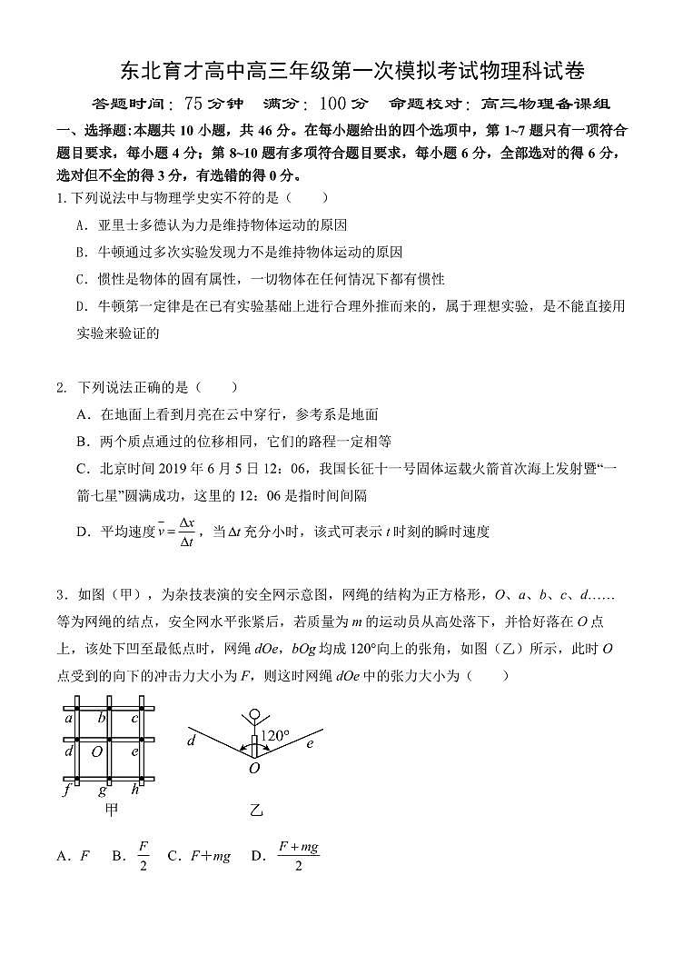 辽宁省沈阳市东北育才中学2026届高三上学期9月第一次模拟考物理试题无答案第1页