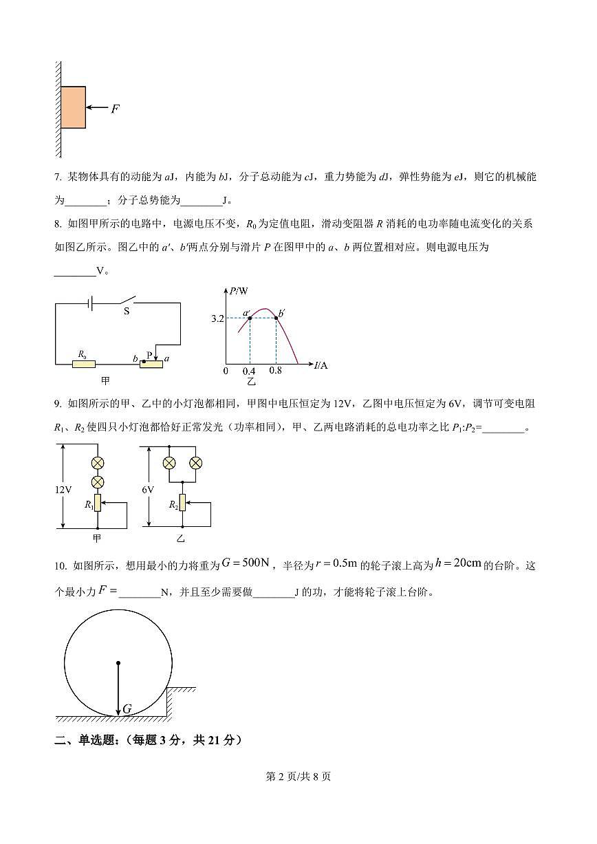 物理-安徽省六校教育研究会2025-2026学年高一上学期新生入学素质测试试题及答案第2页