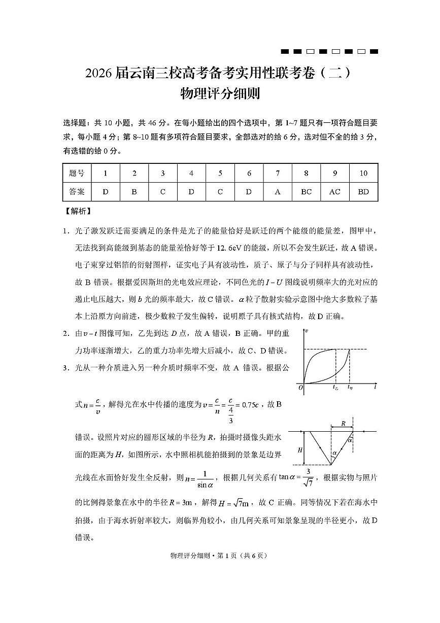 2026届云南三校高考备考实用性联考卷（二）物理-答案第1页