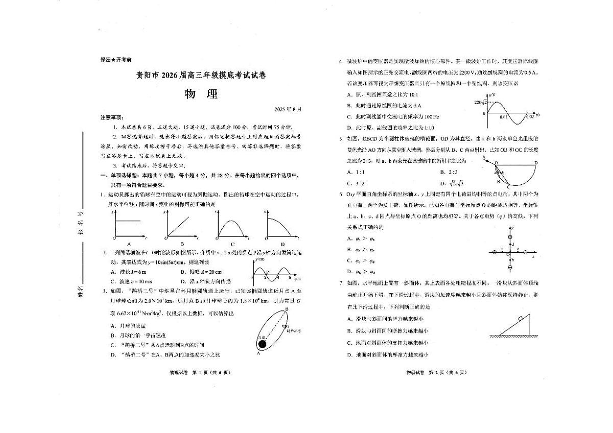 贵阳市2026届高三年级摸底考试试卷 物理第1页