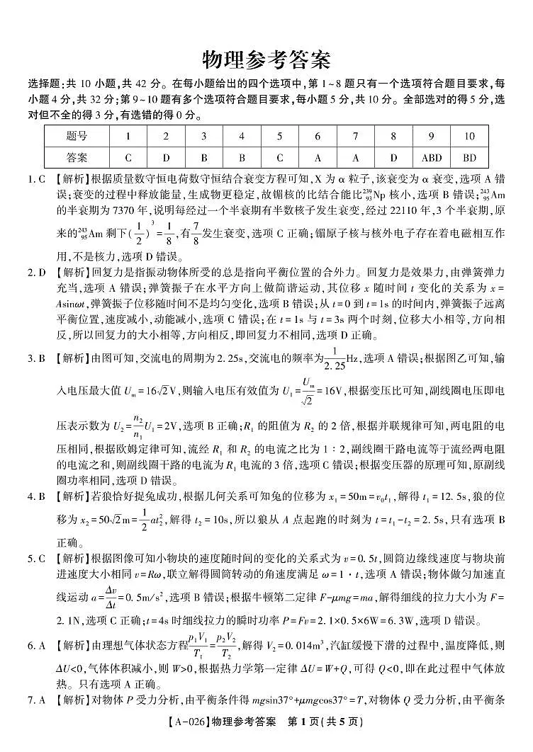 物理答案·2025年9月高三开学联考第1页