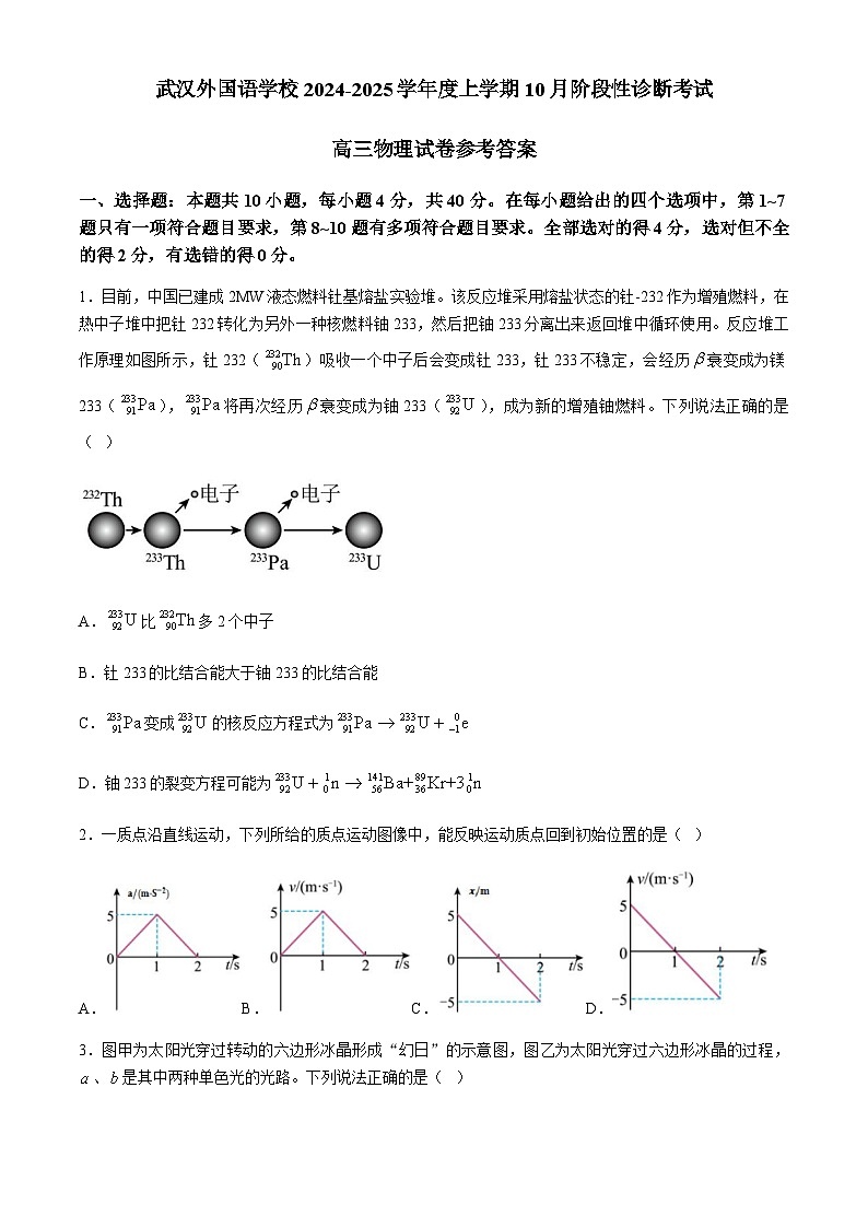 2025届湖北省武汉外国语学校高三下学期10月考-物理试卷（含答案）第1页
