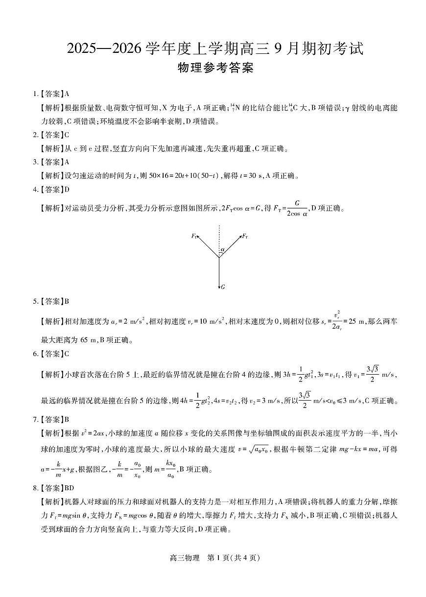东北精准教学联盟2026届高三9月期初考试-物理答案第1页