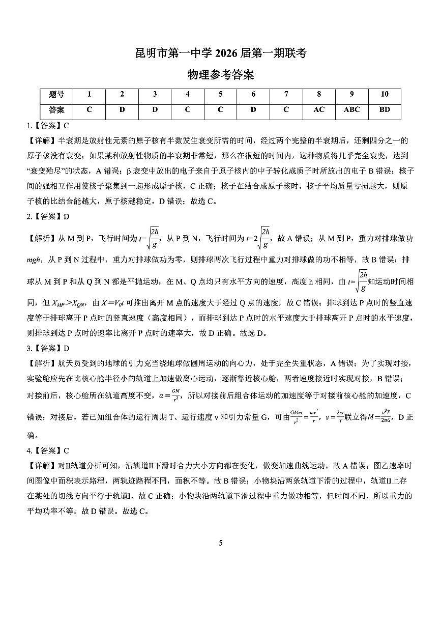 昆明市第一中学2026届高三年级第一次联考+物理答案第1页