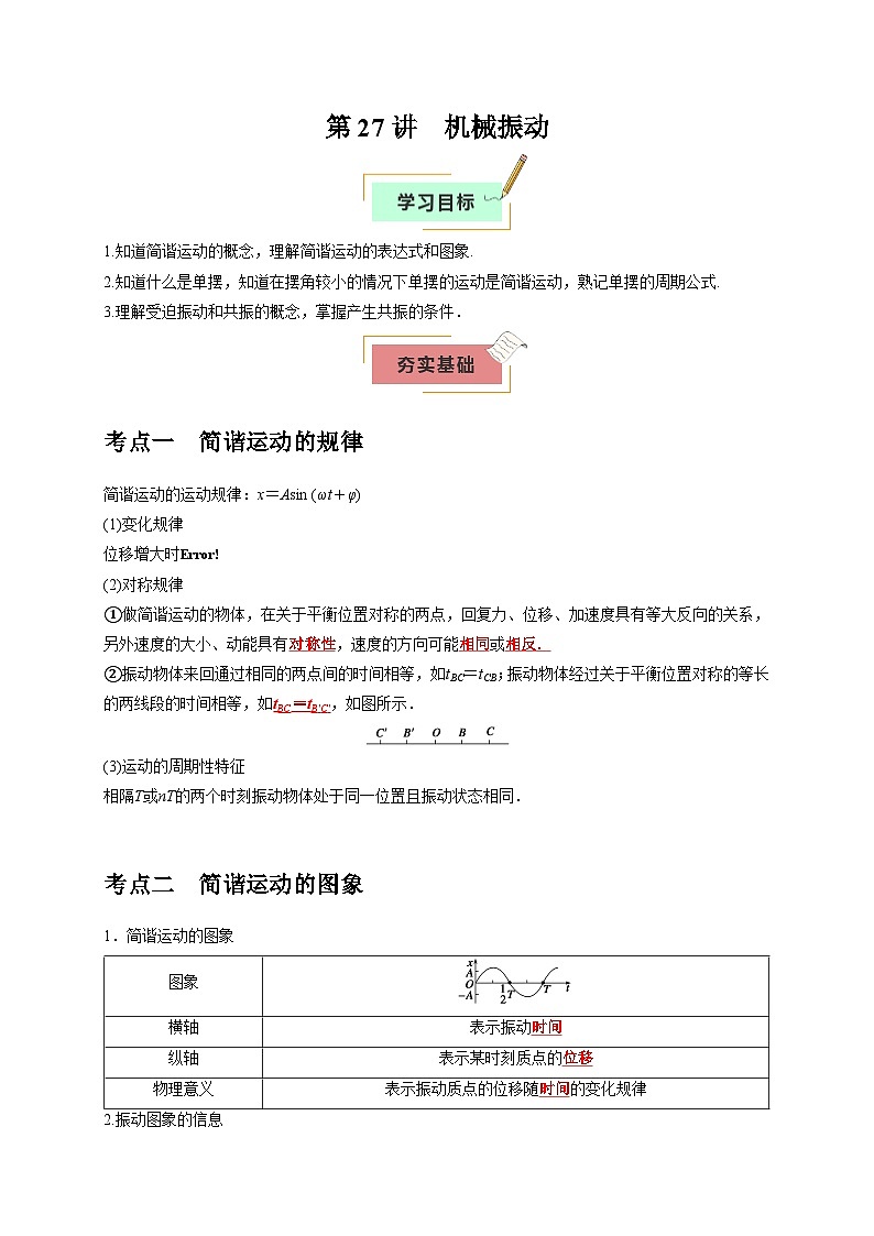 2026年高考物理一轮复习考点归纳讲练(全国通用)第27讲机械振动(学生版+解析)第1页