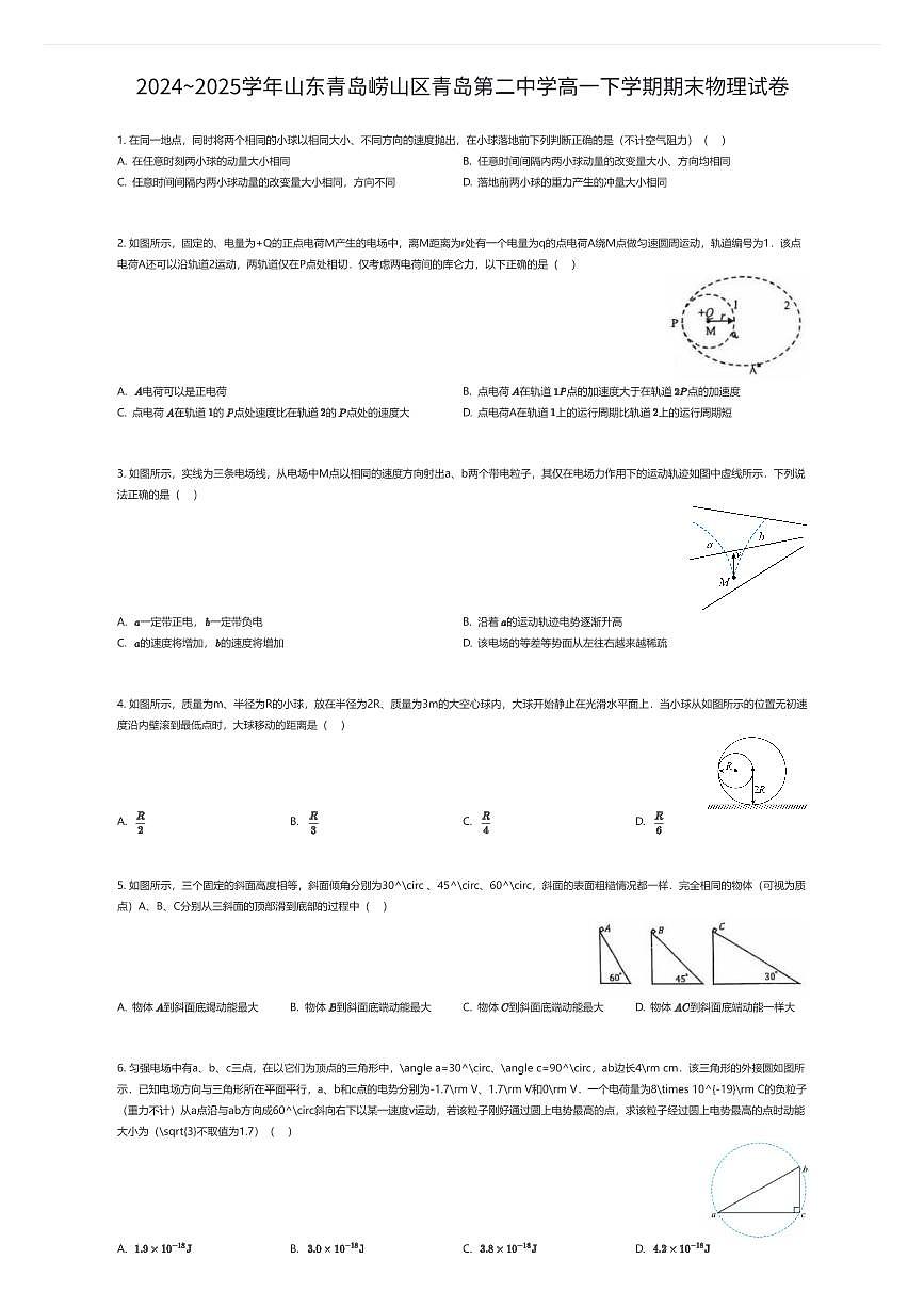 2024~2025学年山东青岛崂山区青岛第二中学高一下学期期末物理试卷（有答案解析）第1页