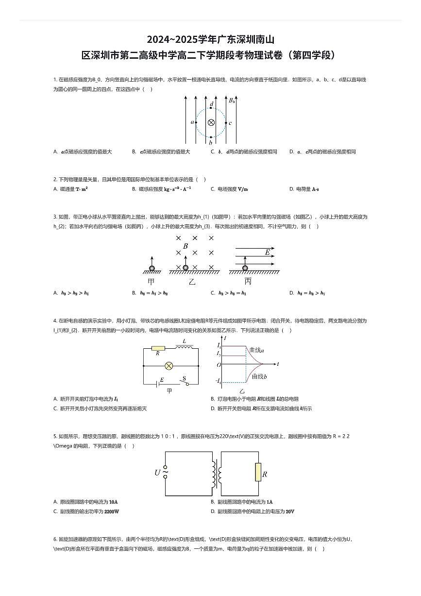 2024~2025学年广东深圳南山区深圳市第二高级中学高二下学期段考物理试卷（第四学段）（有答案解析）第1页