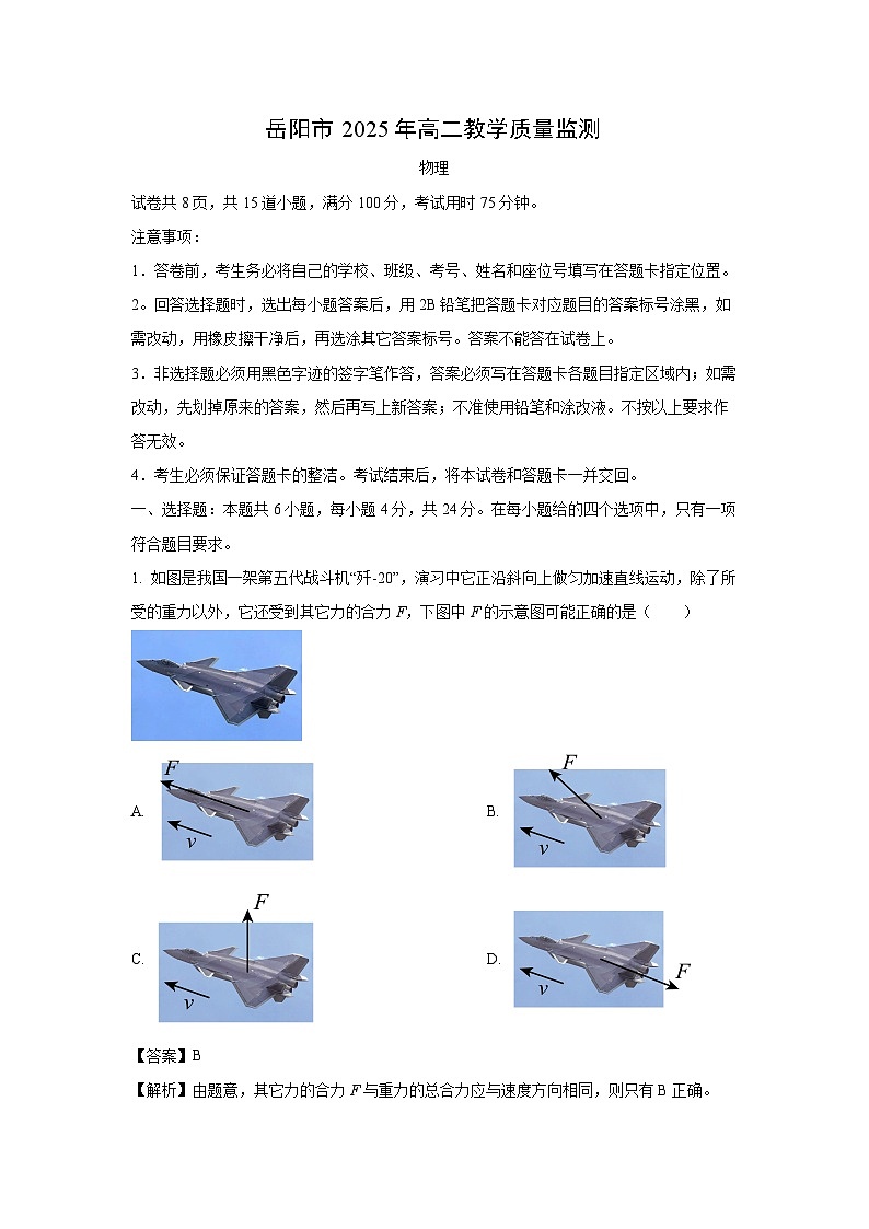湖南省岳阳市2024-2025学年高二下学期期末教学质量监测物理试卷（解析版）第1页