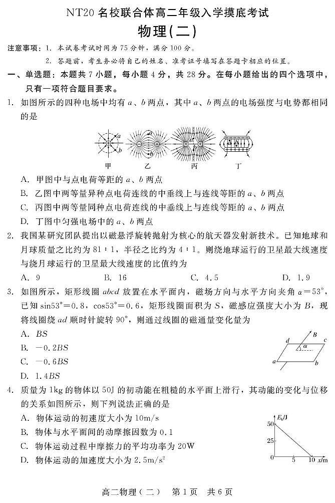 河北省NT20名校联合体2025-2026学年高二上学期入学摸底考试 物理（二） PDF版含解析第1页