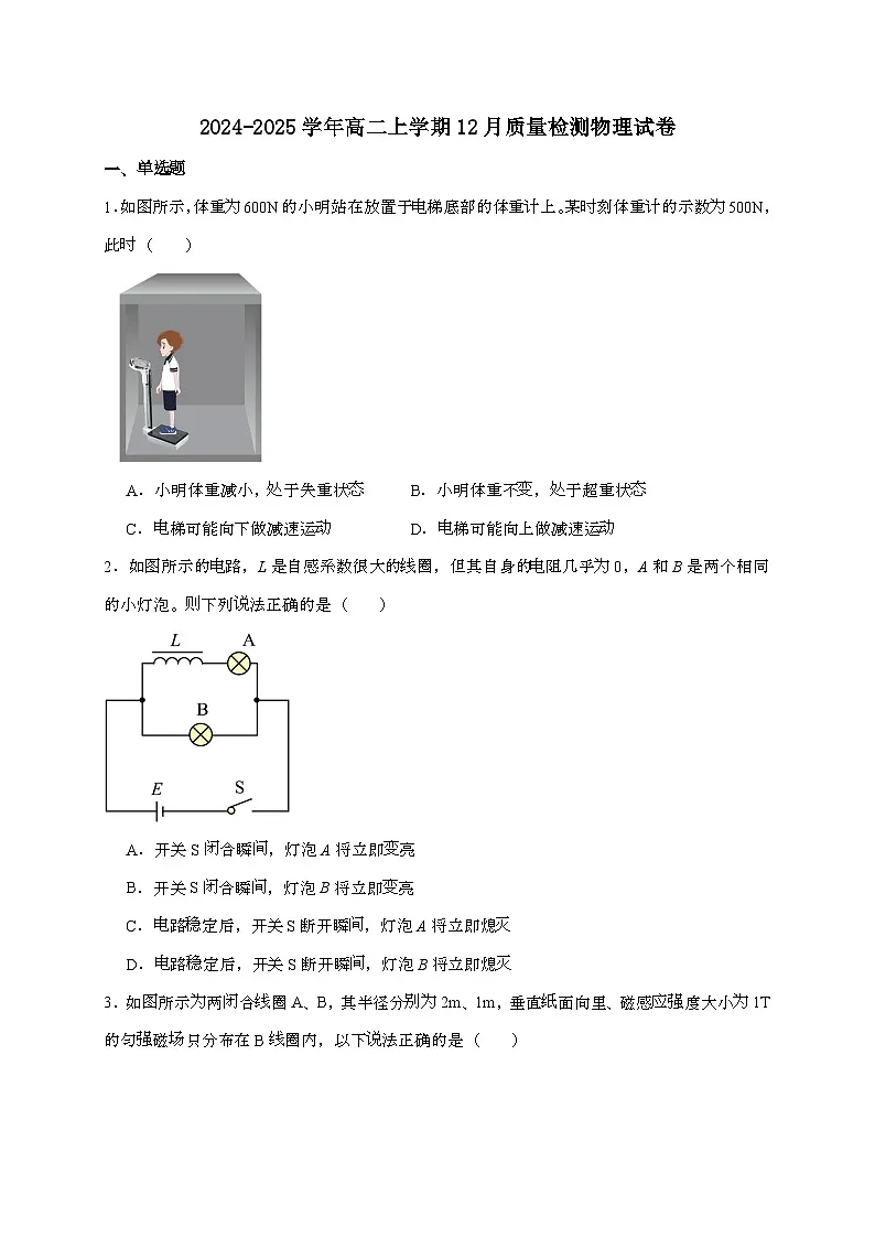 河北省金科大联考2024~2025学年高二上学期12月质量物理检测试题（含答案）第1页