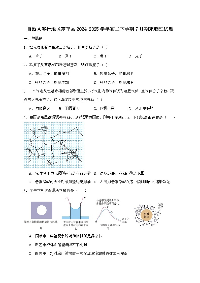 新疆喀什地区莎车县2024~2025学年高二下学期7月期末考试物理检测试题（含答案）第1页