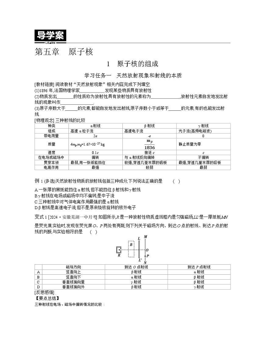 2025-2026学年高中物理人教版（2019）选择性必修第三册 5.1　原子核的组成 学案第1页