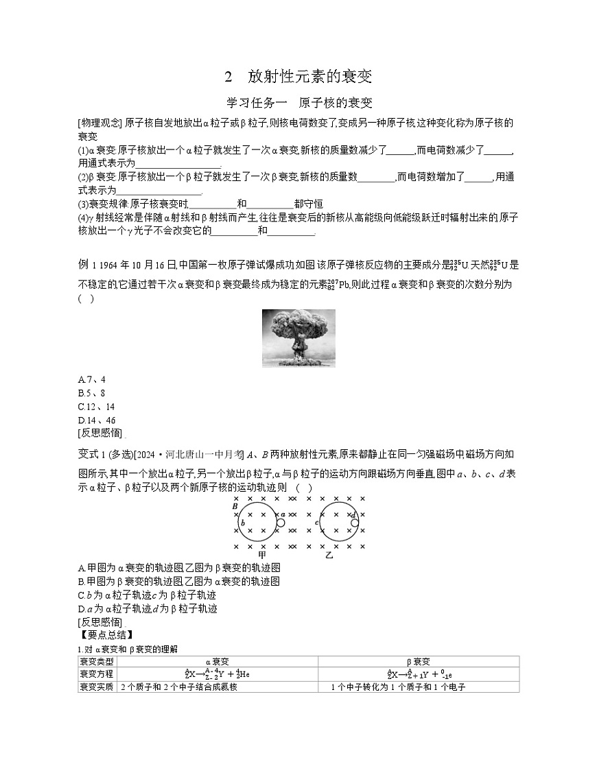 2025-2026学年高中物理人教版（2019）选择性必修第三册 5.2　放射性元素的衰变 学案第1页