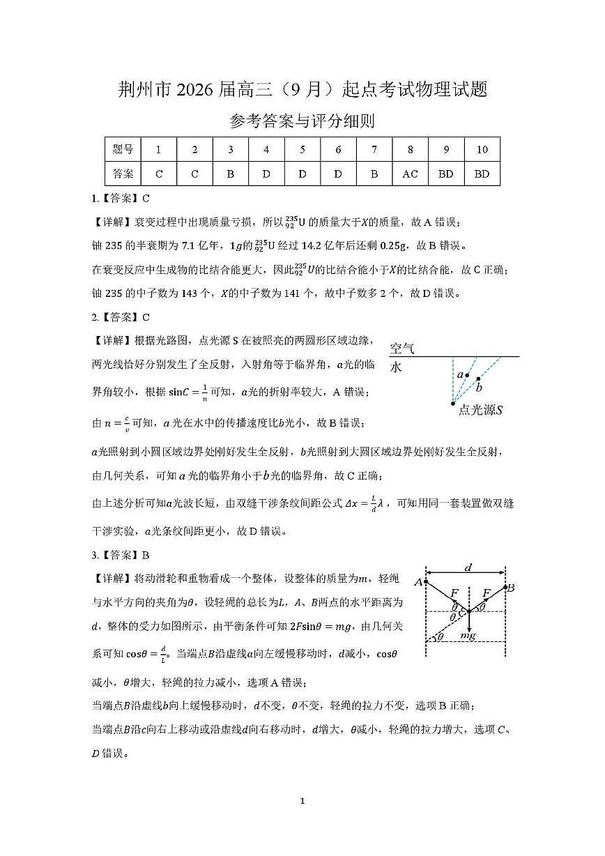 湖北荆州2026届高三上学期9月开学考试物理答案第1页