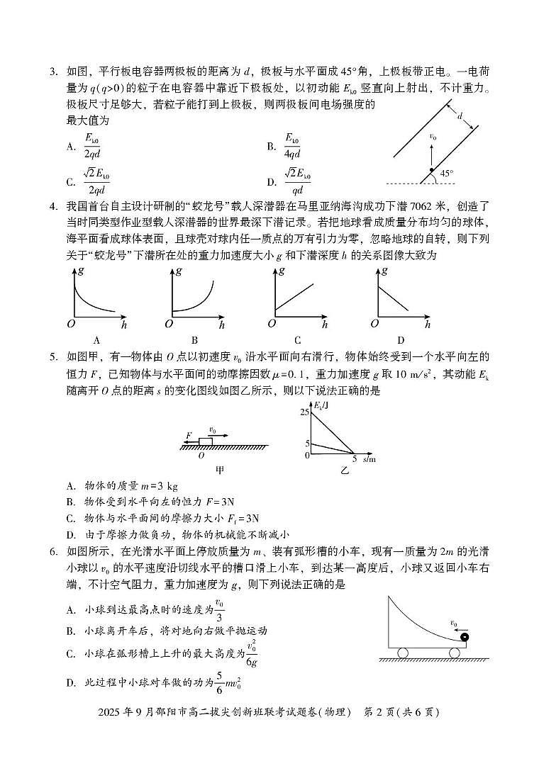 2026邵阳高二上学期9月拔尖联考试题（创新班）物理PDF版含答案第2页
