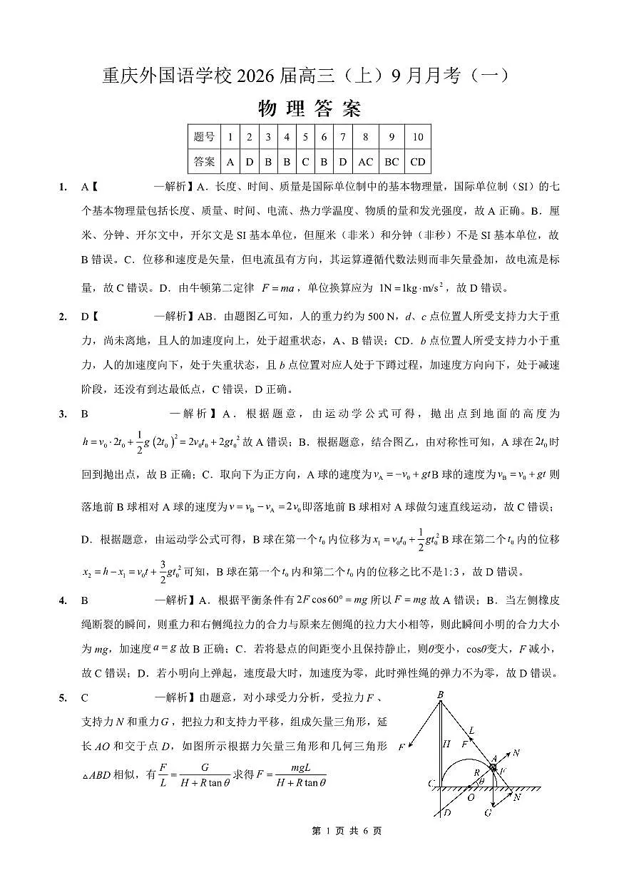 2025-2026学年度（上）高2026届9月月考物理答案第1页