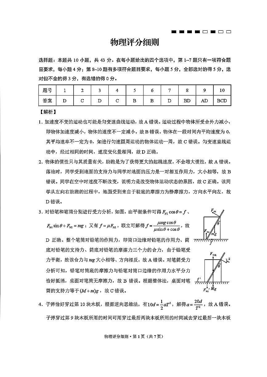 贵阳市第一中学2026届高考适应性月考卷（一）物理答案第1页