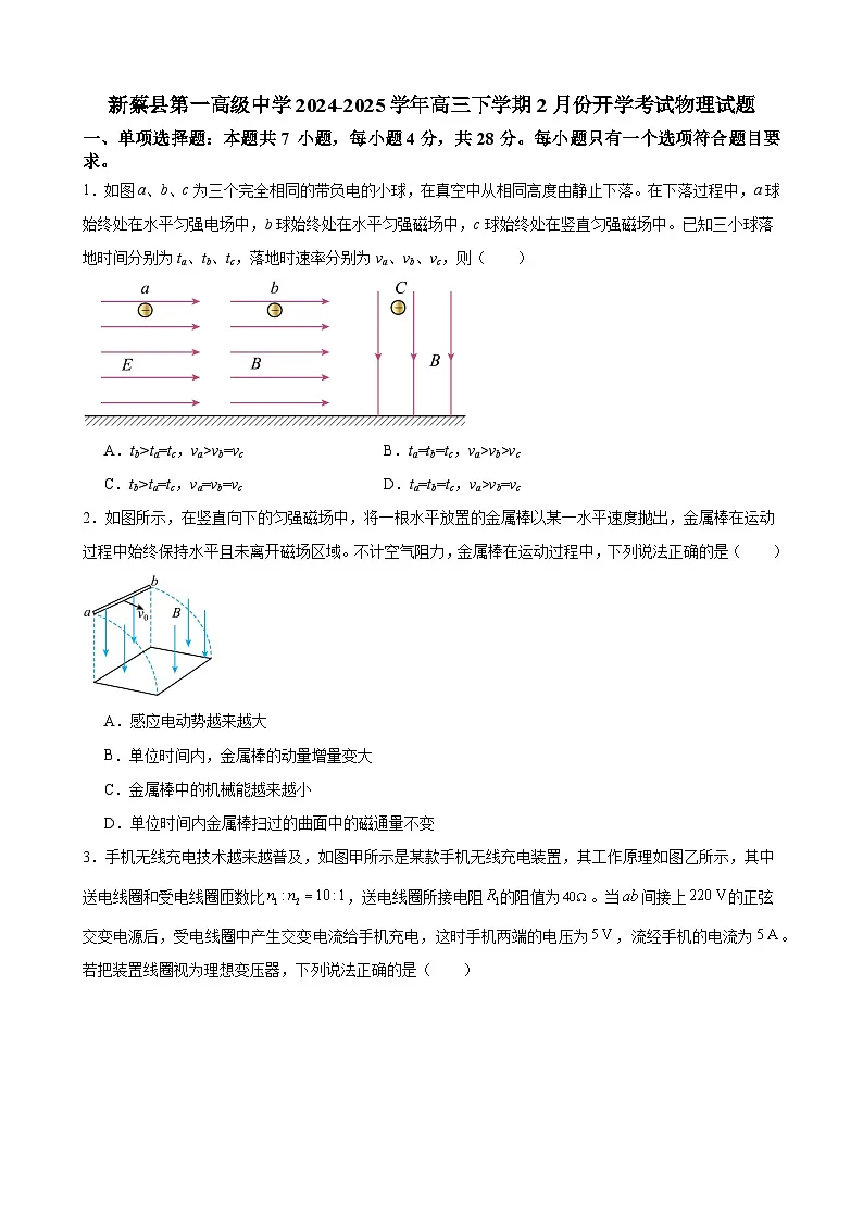 河南省驻马店市新蔡县新蔡县第一高级中学2024-2025学年高三下学期开学物理试题第1页