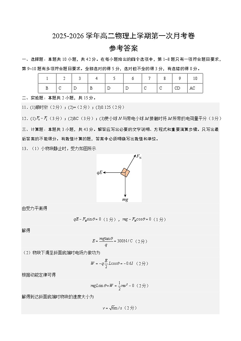 高二物理第一次月考卷（参考答案）（安徽专用）第1页