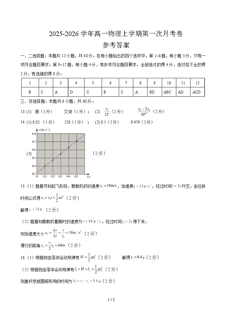 高一物理第一次月考卷  参考答案（山东）第1页