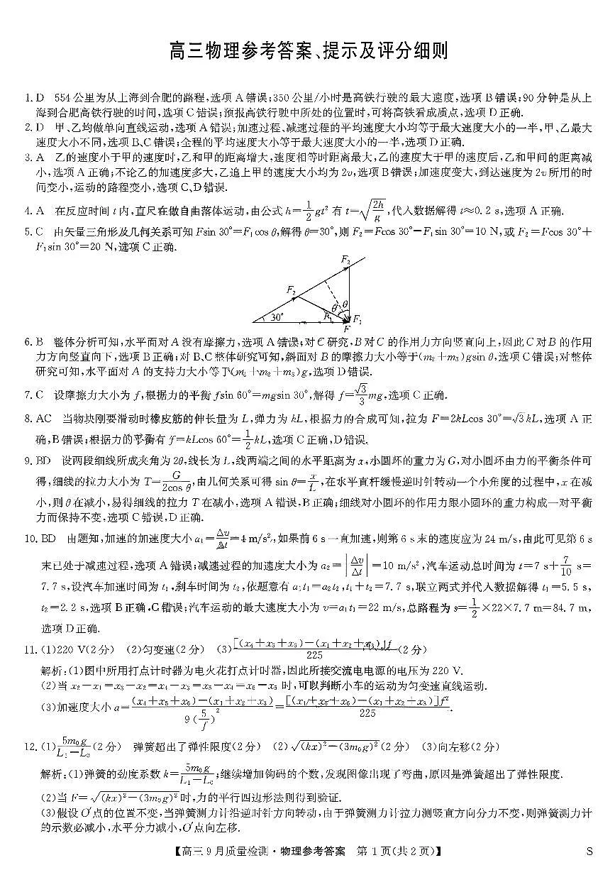 高三物理参考答案提示及评分细则第1页