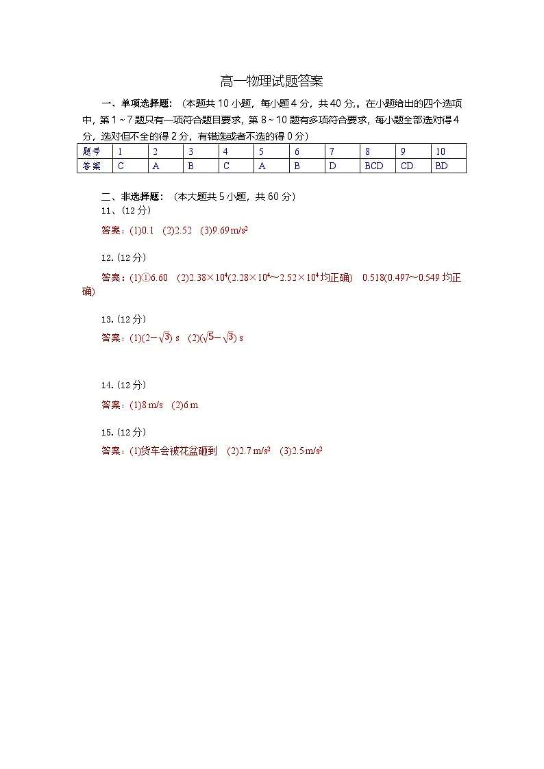 高一物理试题答案第1页