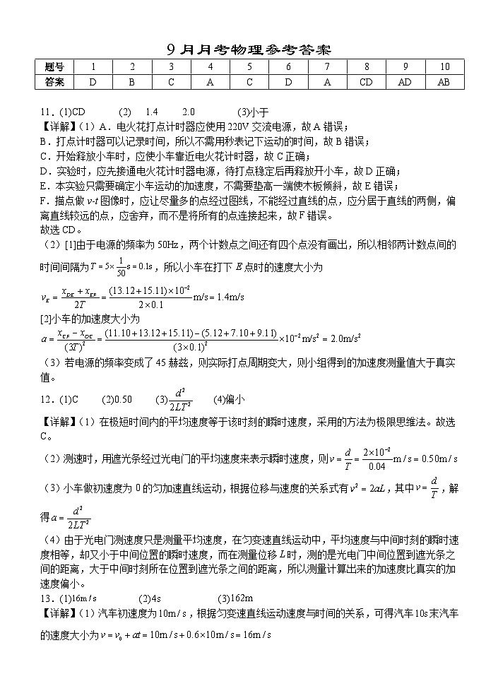 9月月考物理试题答案第1页