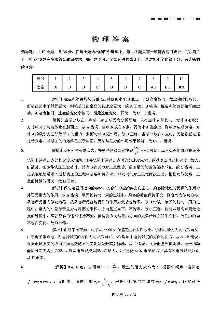 重庆巴蜀中学校2026届高三上学期9月适应性月考（二）物理答案第1页