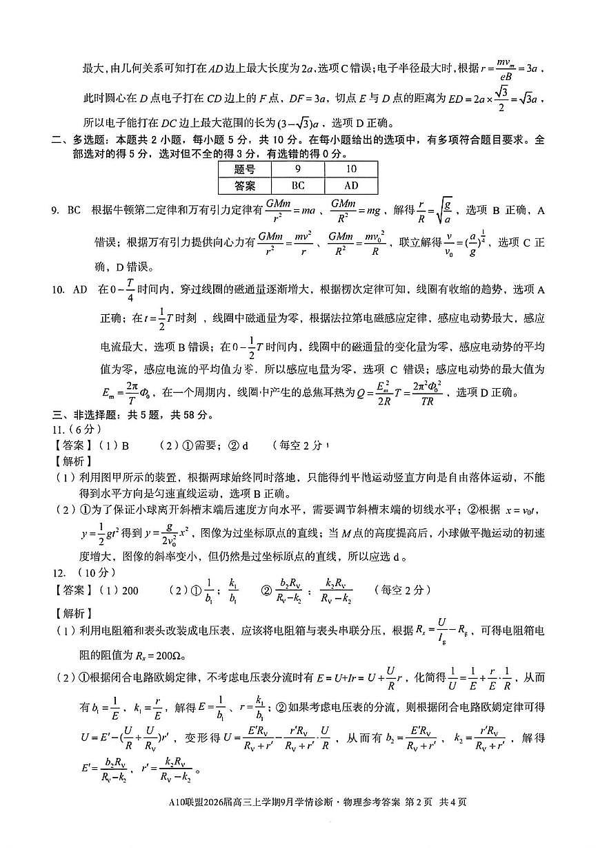 2026届安徽省A10联盟高三上学期9月底学情诊断物理答案第2页