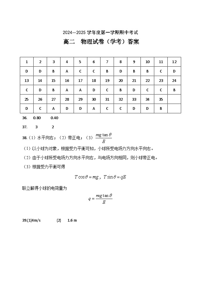 高二学年期中考试物理（学考）答案第1页