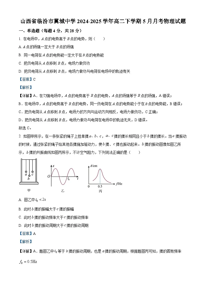 精品解析：山西省临汾市翼城中学2024-2025学年高二下学期5月月考物理试题（解析版）第1页