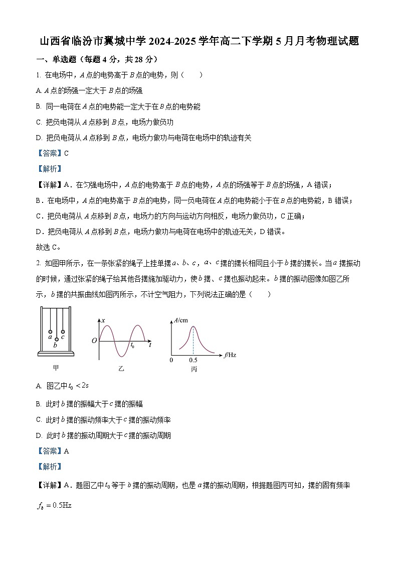 精品解析：山西省临汾市翼城中学2024-2025学年高二下学期5月月考物理试题（解析版）第1页
