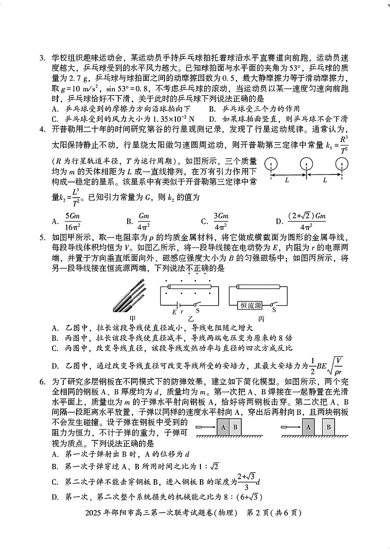 湖南省邵阳市2025届高三上学期期末第一次模拟考-物理试卷（含答案）第2页