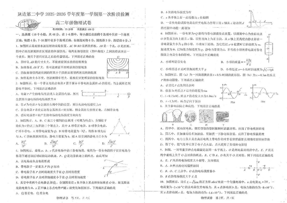 吉林省延边朝鲜族自治州延吉市延边第二中学2025-2026学年高二上学期10月月考物理试题第1页