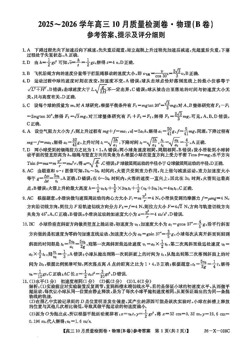 物理答案-山西三晋卓越联盟2025-2026高三10月质量检测第1页