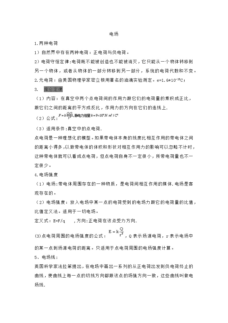 高中物理知识点总结：电场 电路第1页