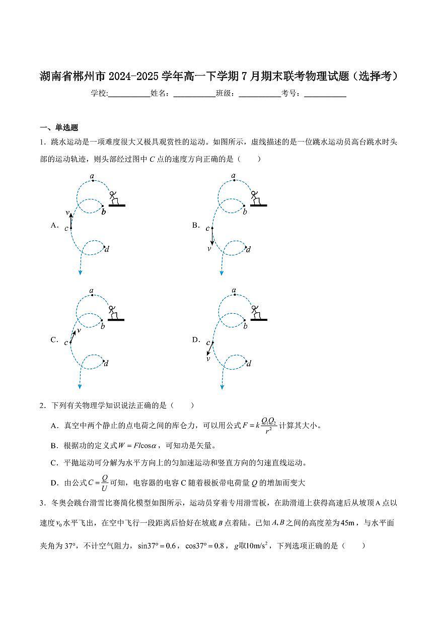 湖南省郴州市2024-2025学年高一下学期期末教学质量监测物理（选择考）试卷（含解析）第1页
