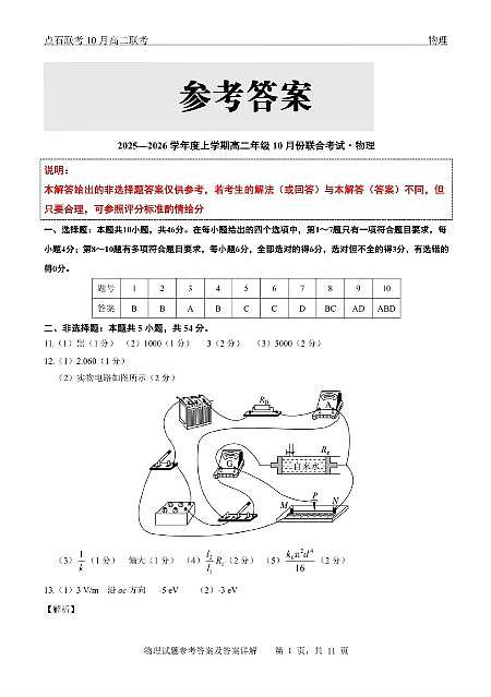 辽宁省点石联考2025-2026学年上学期高二年级10月份联合考试 物理答案第1页