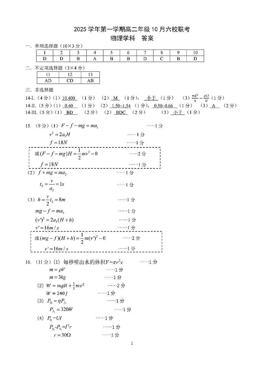 2025学年第一学期高二年级10月六校联考 物理答案第1页