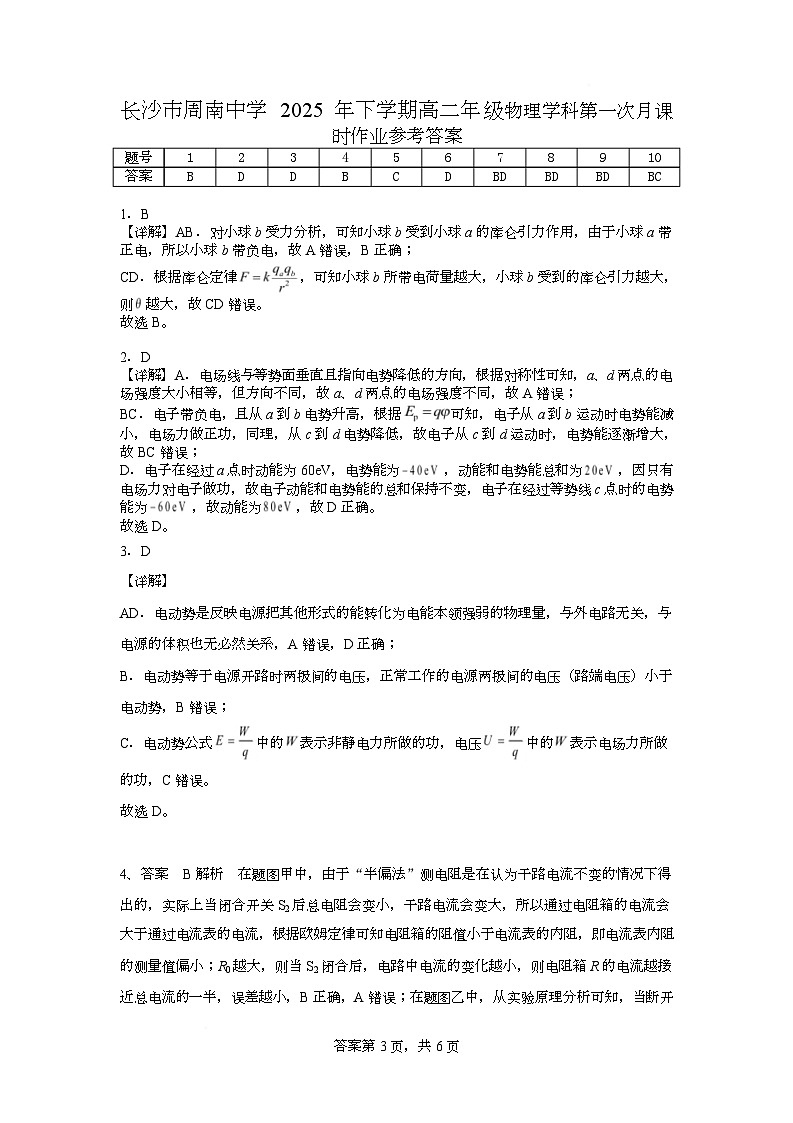 长沙市周南中学 2025 年下学期高二年级物理学科第一次月课时作业参考答案第1页