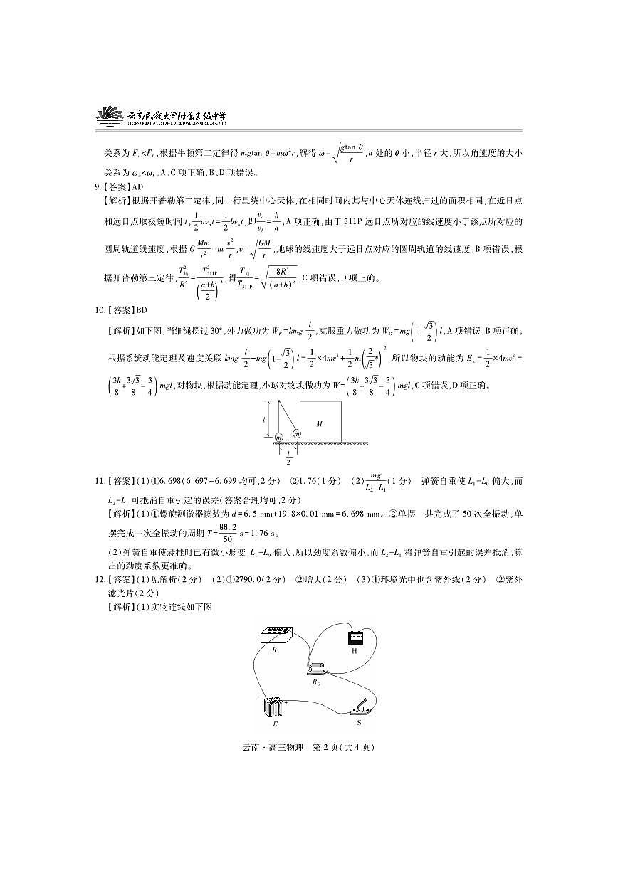 云南民族大学附属高级中学2026届高三联考卷（二）物理答案第2页
